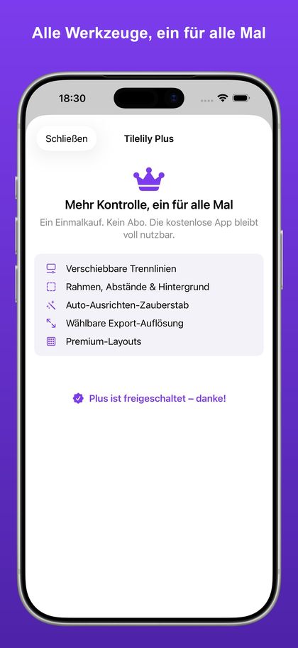 Übersicht der Tilelily-Plus-Funktionen mit dem Hinweis, dass Plus freigeschaltet ist.