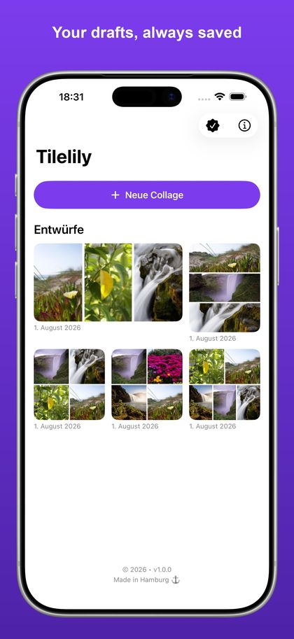 The home screen showing a gallery of automatically saved drafts.
