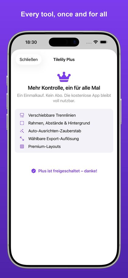 The Tilelily Plus feature list with a note confirming Plus is unlocked.